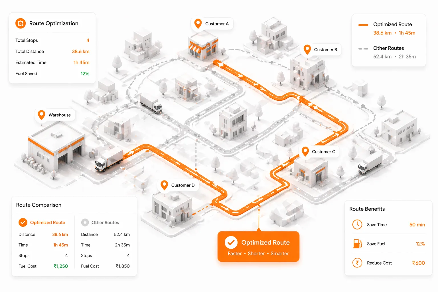 Route optimisation for fuel and delivery efficiency